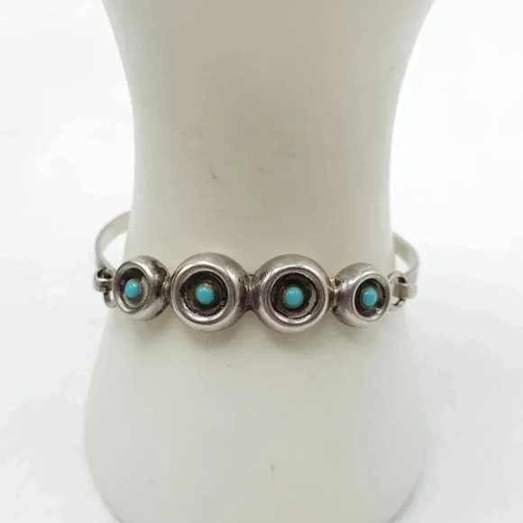 Vintage Sterling Silver Blue Turquoise Circle Eye Bangle Bracelet Mexico - Picture 1 of 8